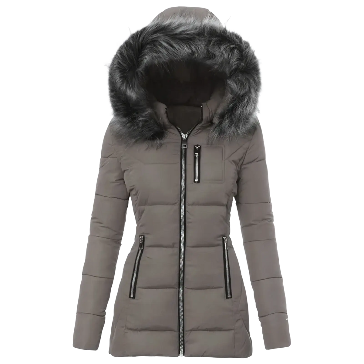 Women winter parka gray cotton padded coat with plush dark gray fur-lined hood and black zipper accents