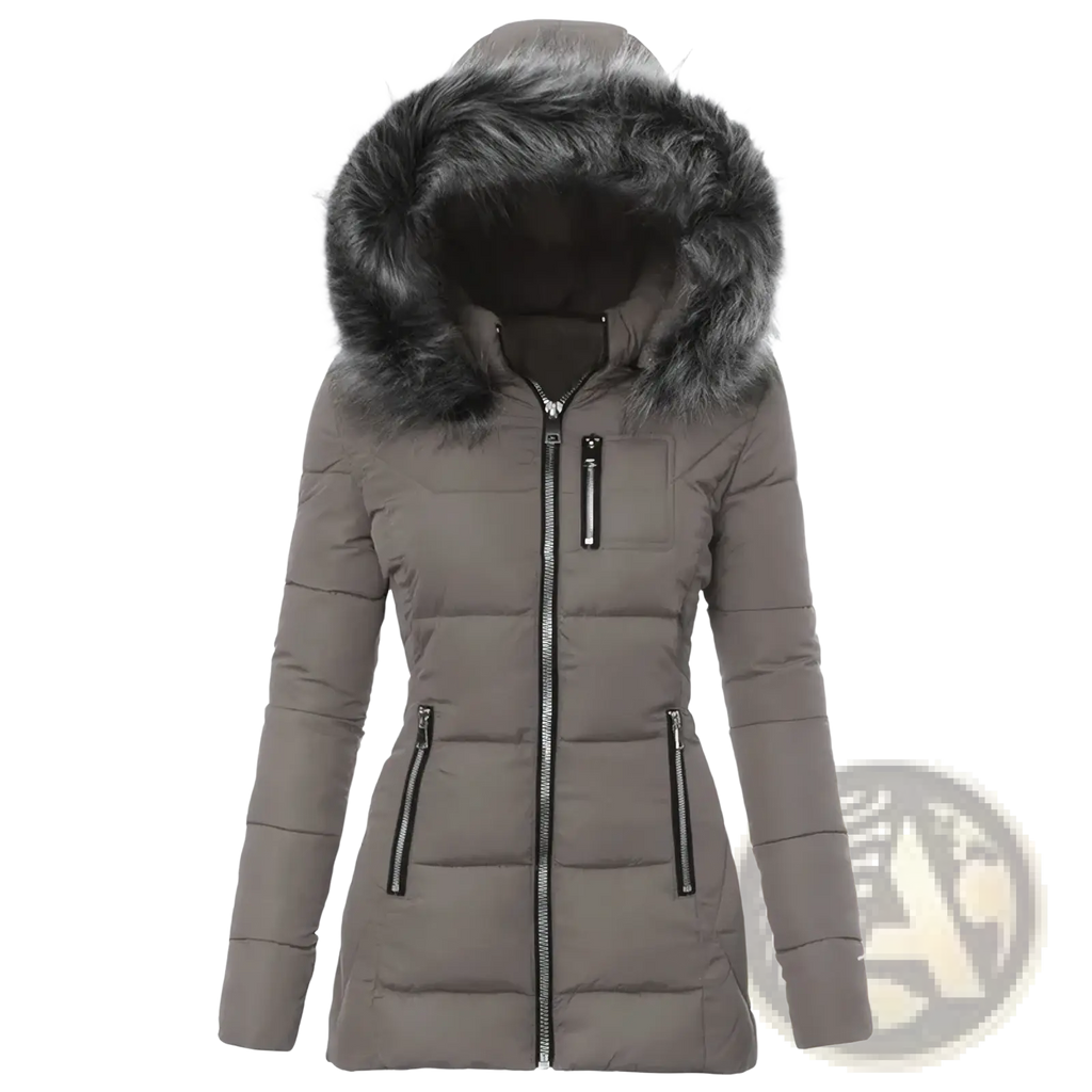 Women winter parka gray puffer coat with plush dark gray fur-lined hood black zippers cotton padded for cold weather