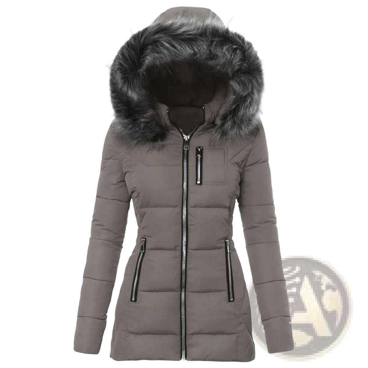 Women winter parka gray puffer coat with plush dark gray fur-lined hood black zippers cotton padded for cold weather
