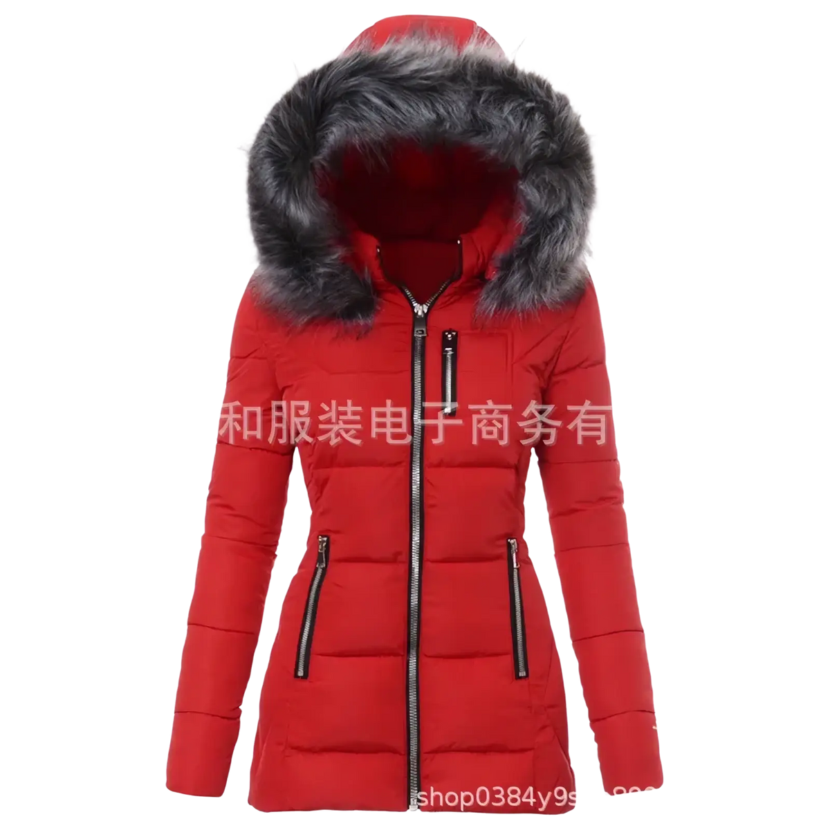 Women winter parka red cotton padded coat with gray fur-lined hood and black zippers for cold weather use