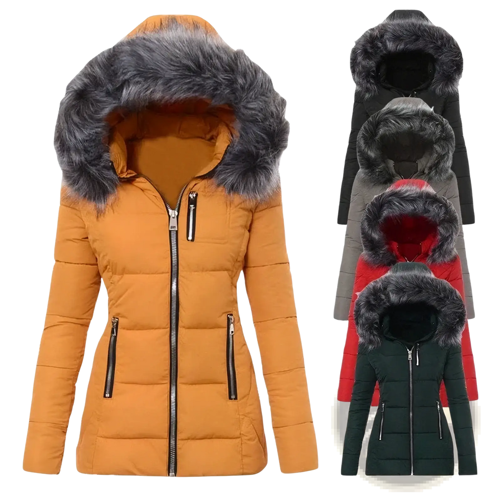 Women winter parka padded coat in warm mustard yellow with plush gray faux fur hood and black zipper accents