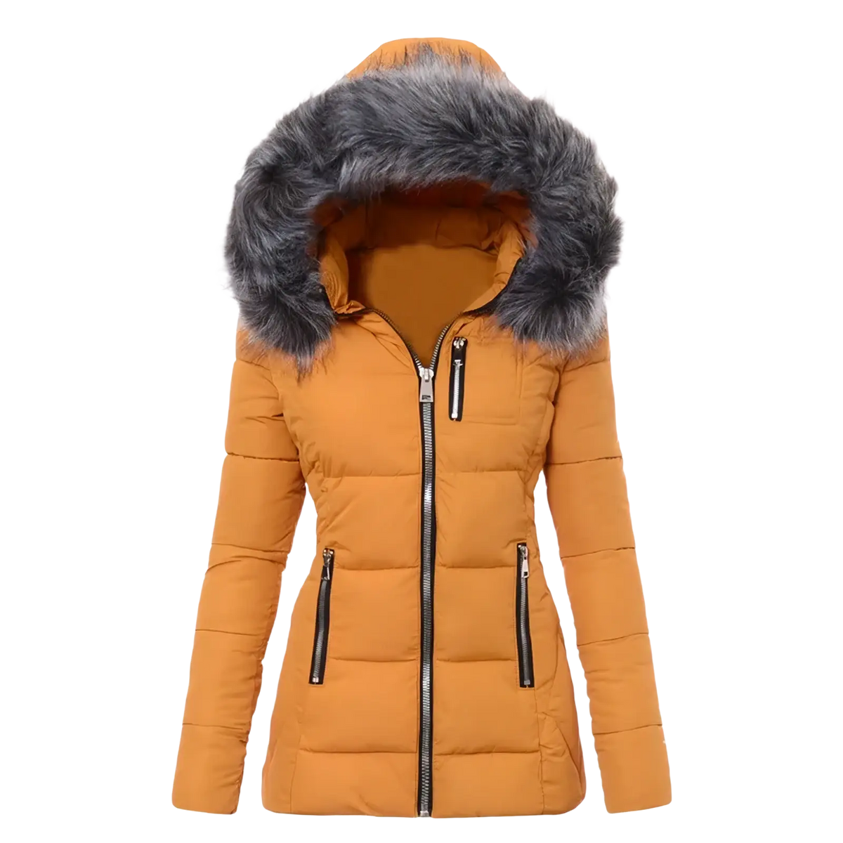 Women winter parka warm orange cotton padded coat with plush gray fur-lined hood and black zipper accents