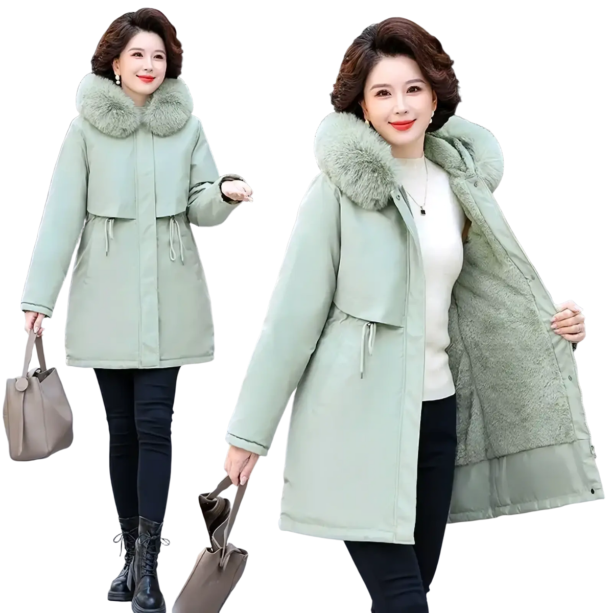 Women winter parka mint green padded coat with plush fur-lined hood and drawstring waist for cold weather use