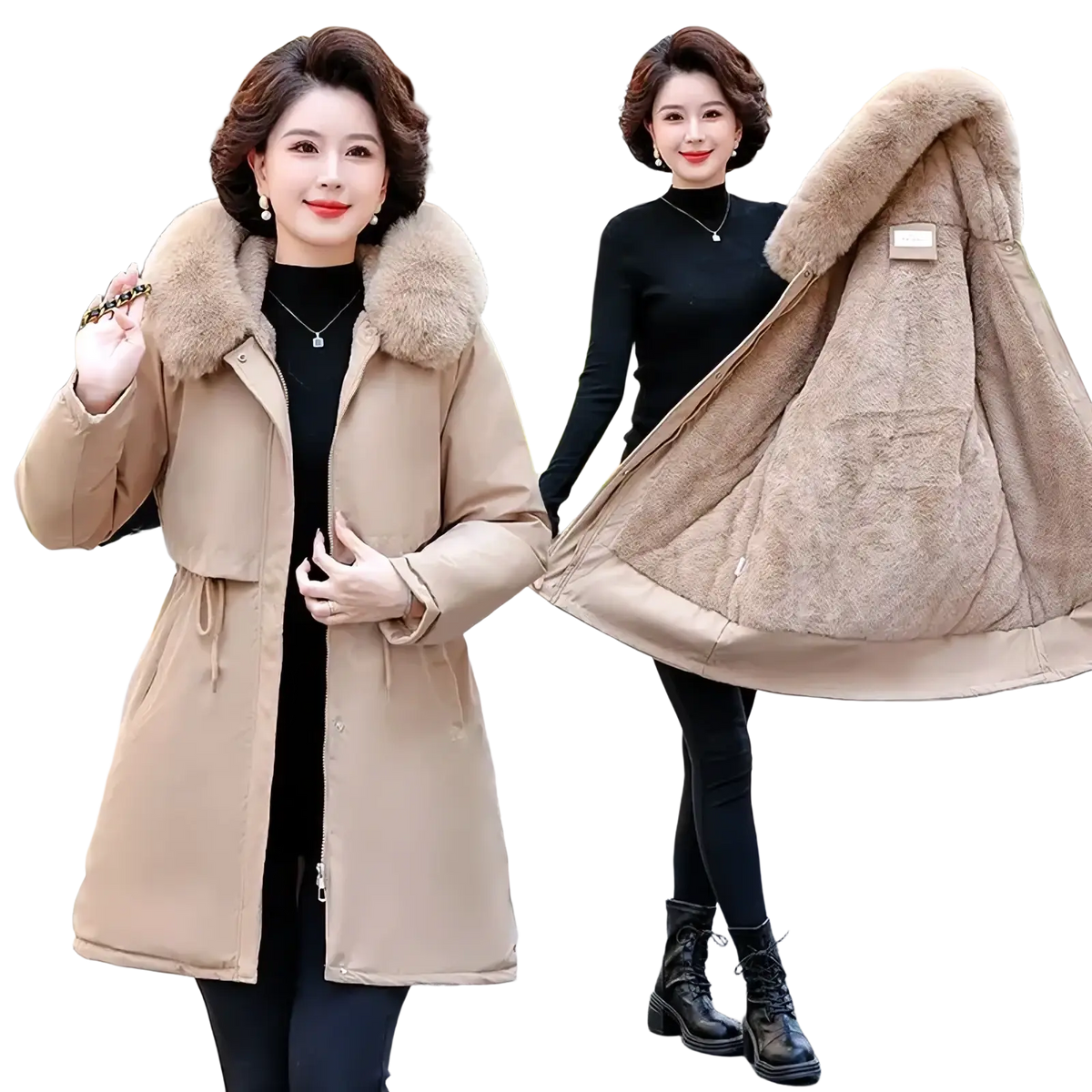 Women winter parka mint green padded coat with beige quilted interior and plush fur-lined hood for cold weather