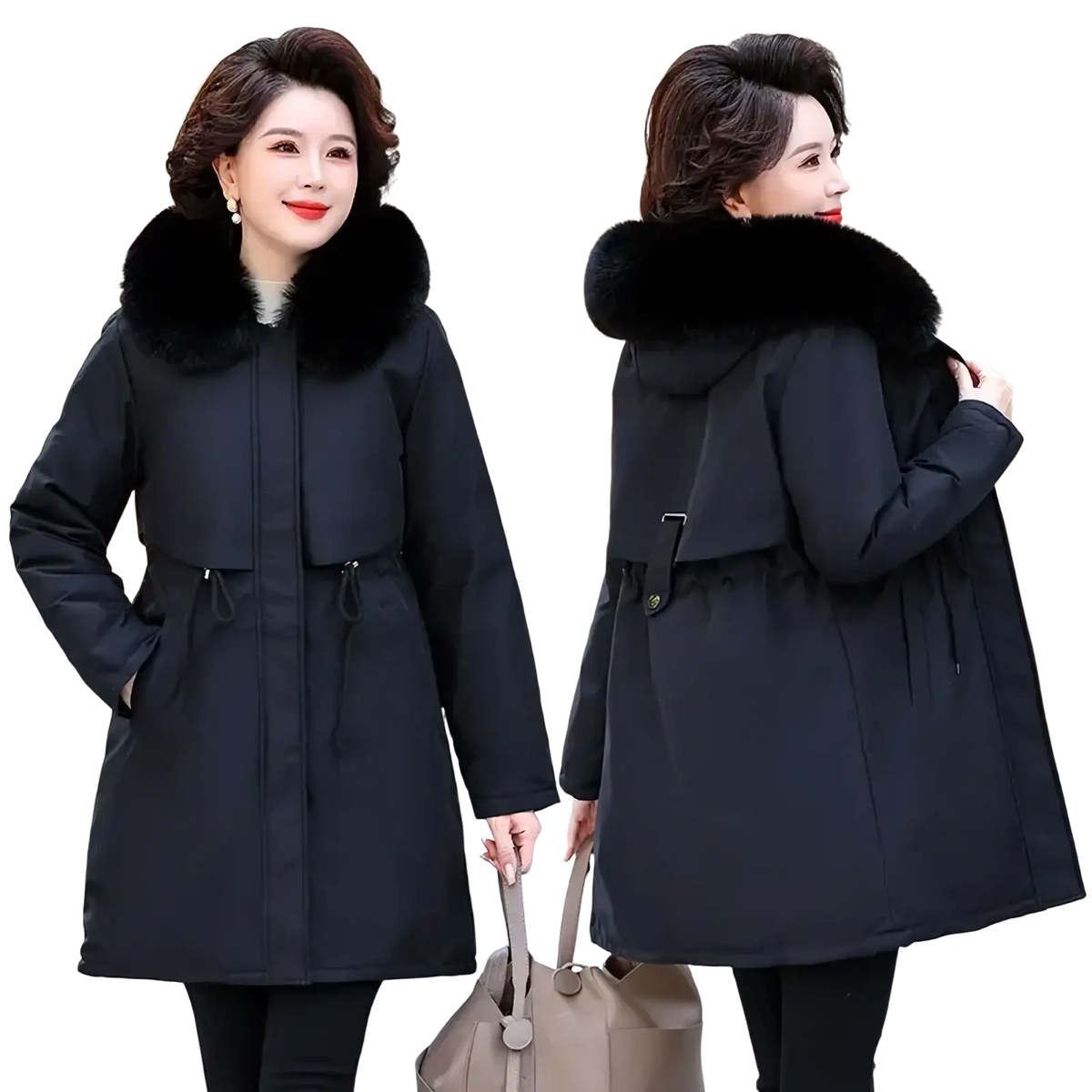 Women winter parka fur hooded padded coat mint green with black plush fur lined hood and cinched waist shown from front