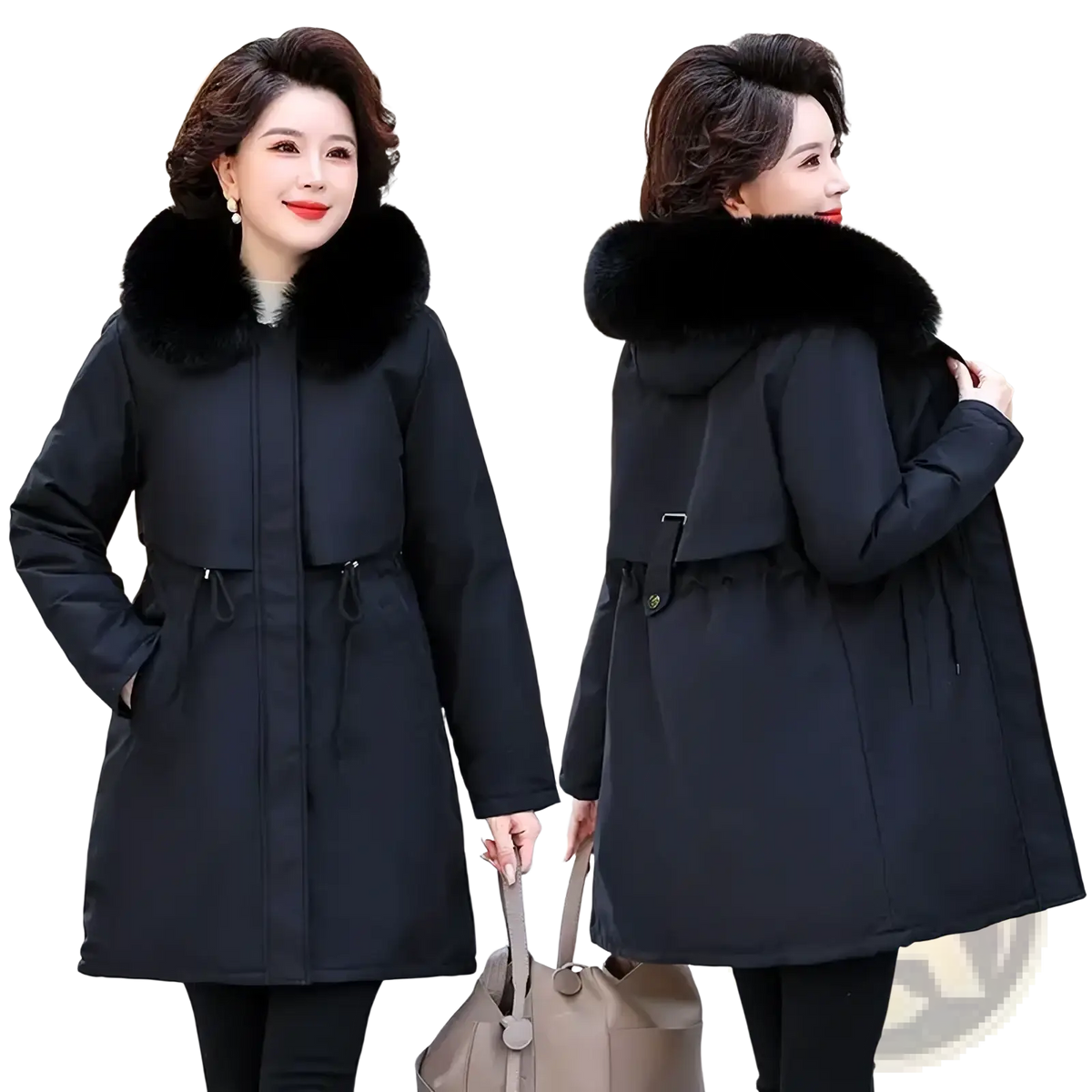 Women winter parka fur hooded padded coat mint green with black plush fur lined hood and cinched waist shown from front