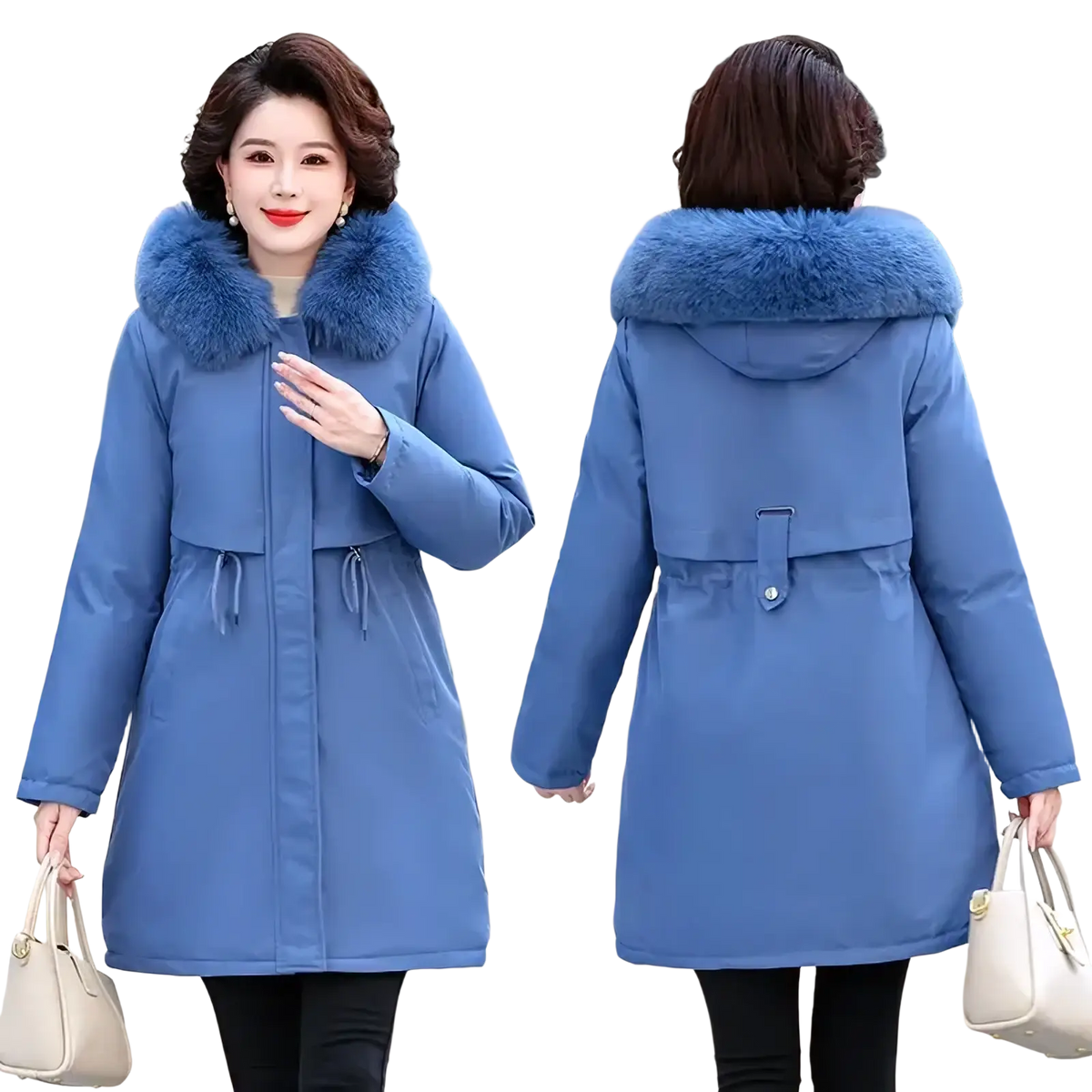 Women winter parka blue padded coat with plush fur-lined hood and drawstring waistband for cold weather