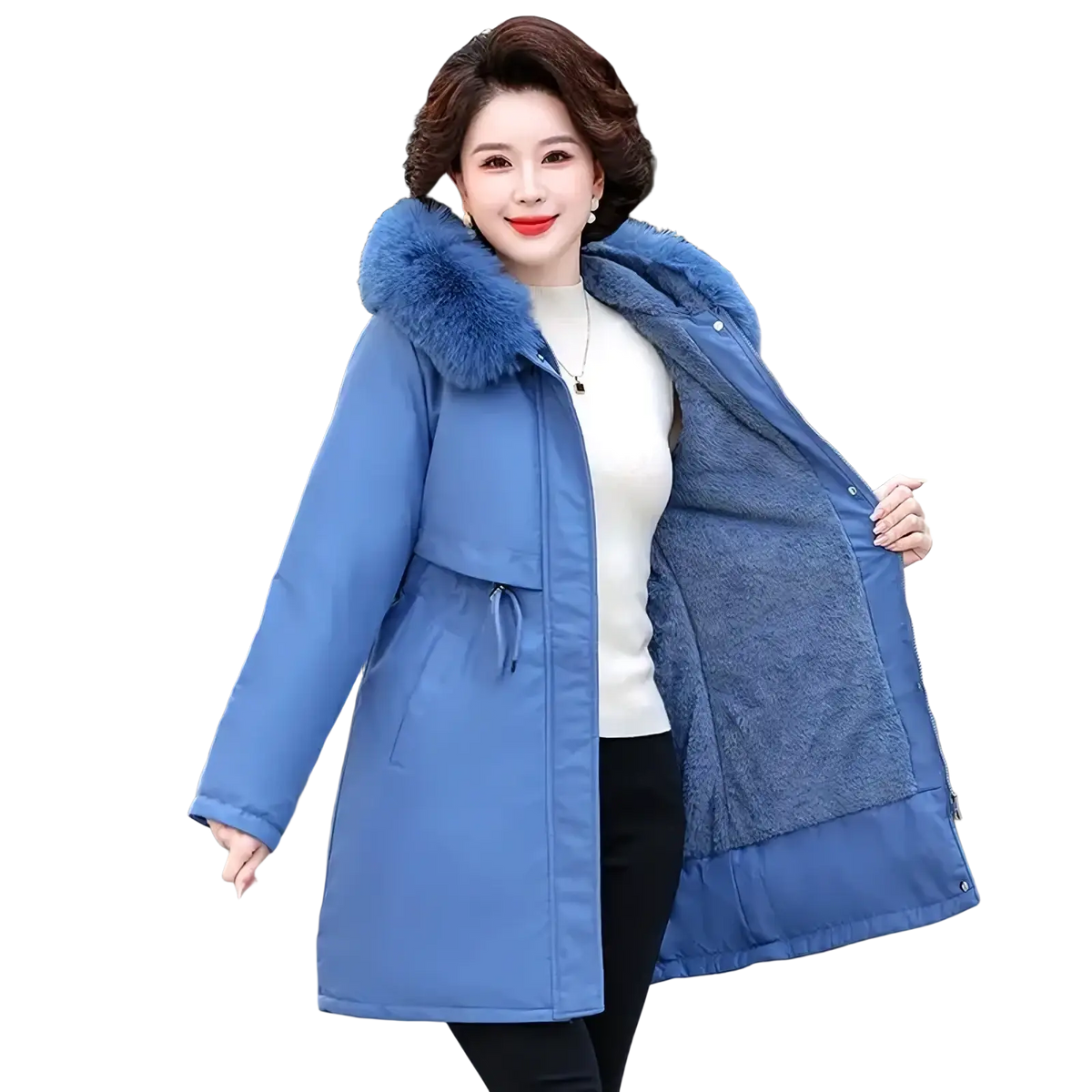 Women winter parka blue coat with fluffy fur-lined hood and plush inner lining for cold weather use