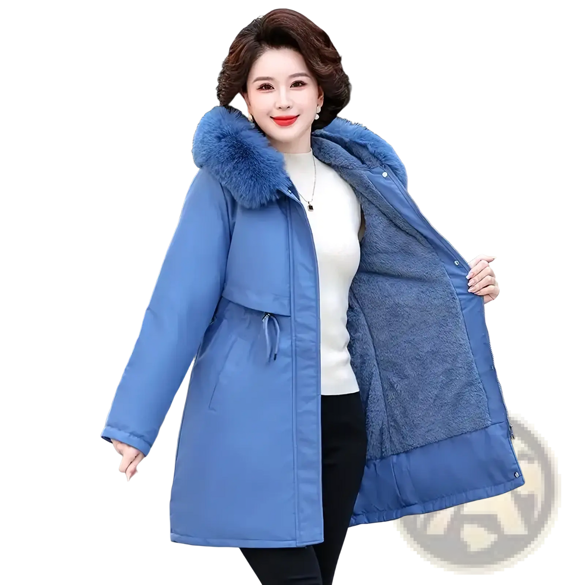 Women winter parka blue coat with fluffy fur-lined hood and plush inner lining for cold weather use