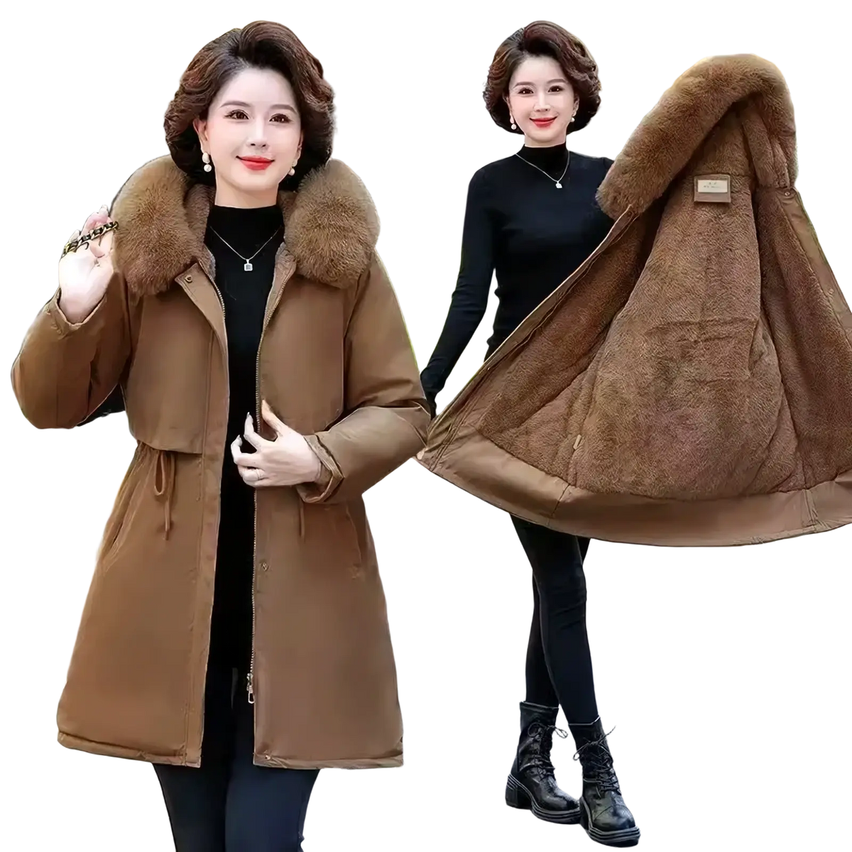 Women winter parka padded coat in brown with plush fur-lined hood and quilted interior for cold weather use