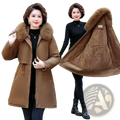 Women winter parka padded coat in brown with plush fur-lined hood and quilted interior for cold weather use