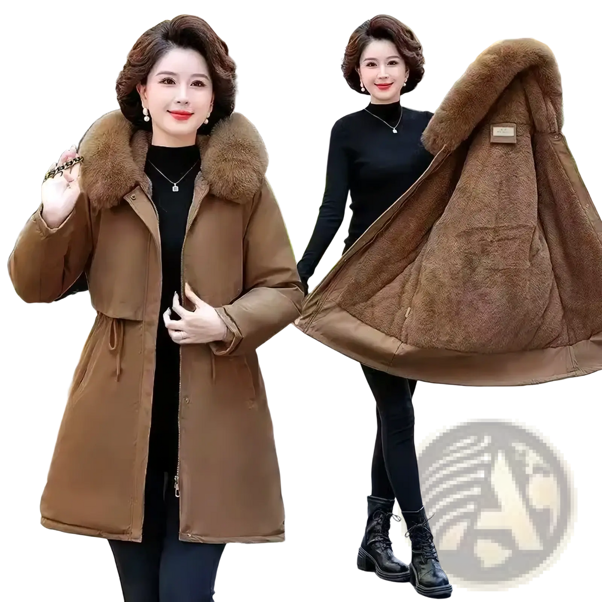 Women winter parka padded coat in brown with plush fur-lined hood and quilted interior for cold weather use