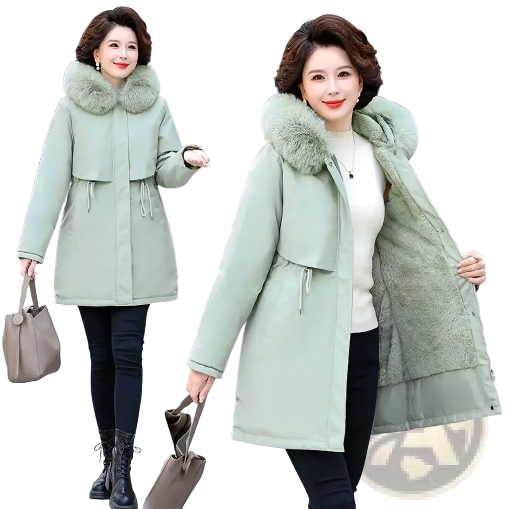 Women winter parka mint green padded coat with plush fur-lined hood and drawstring waist for cold weather use