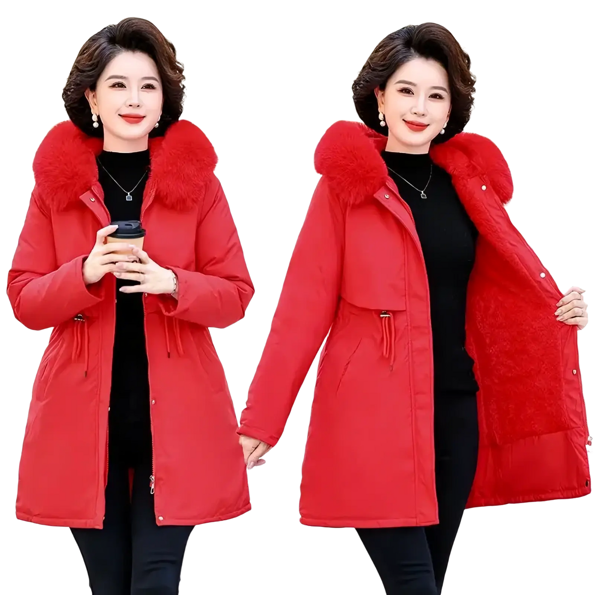Vibrant red women winter parka with plush fur-lined hood and front zipper closure in padded fabric for cold weather