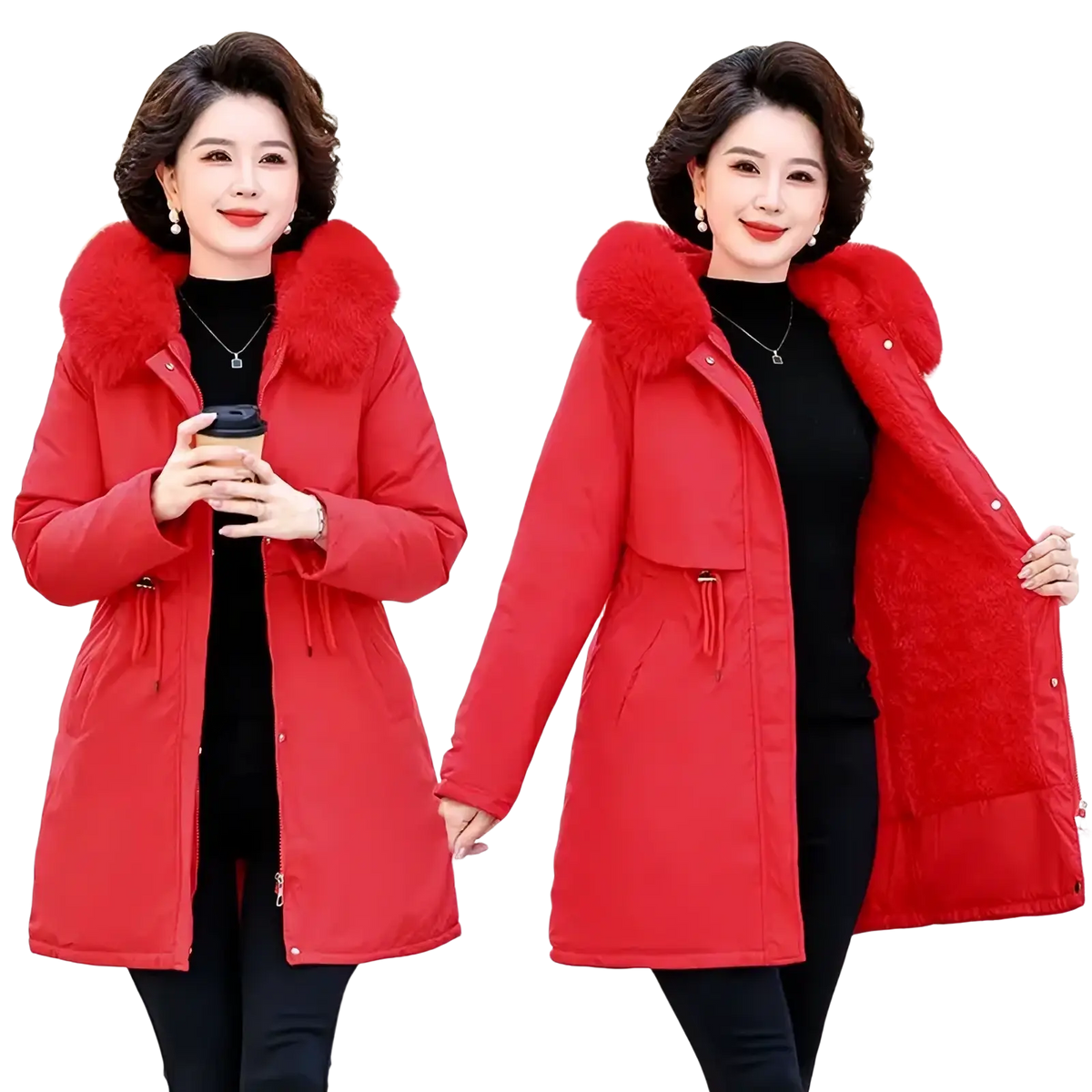 Women winter parka fur hooded padded coat in vibrant red with plush fur-lined hood and drawstring waistband