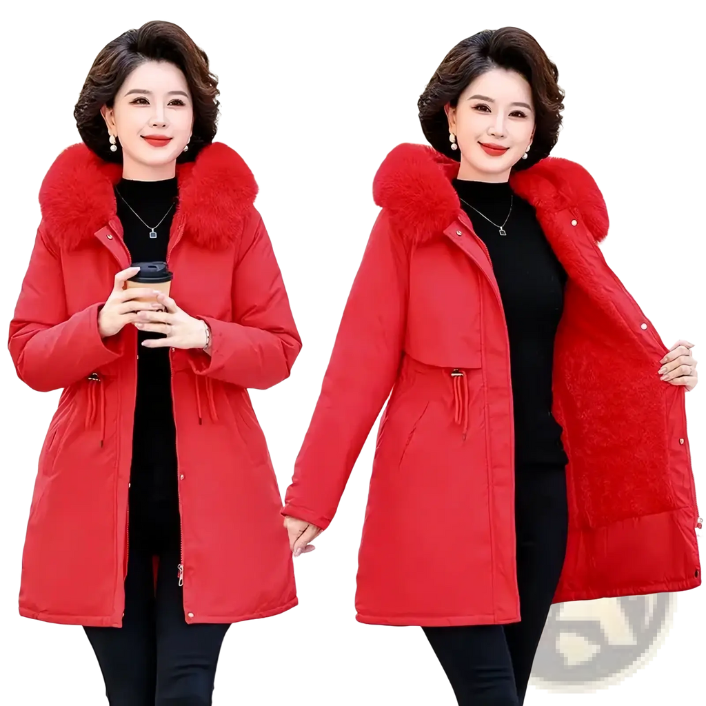 Vibrant red women winter parka with plush fur-lined hood and front zipper closure in padded fabric for cold weather