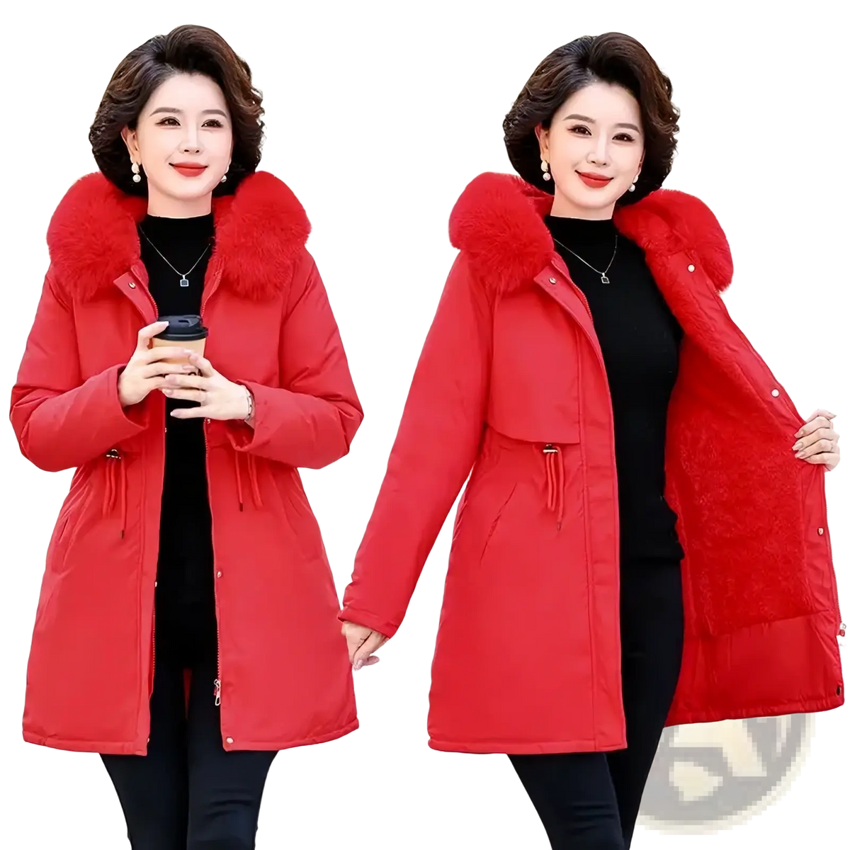 Vibrant red women winter parka with plush fur-lined hood and front zipper closure in padded fabric for cold weather