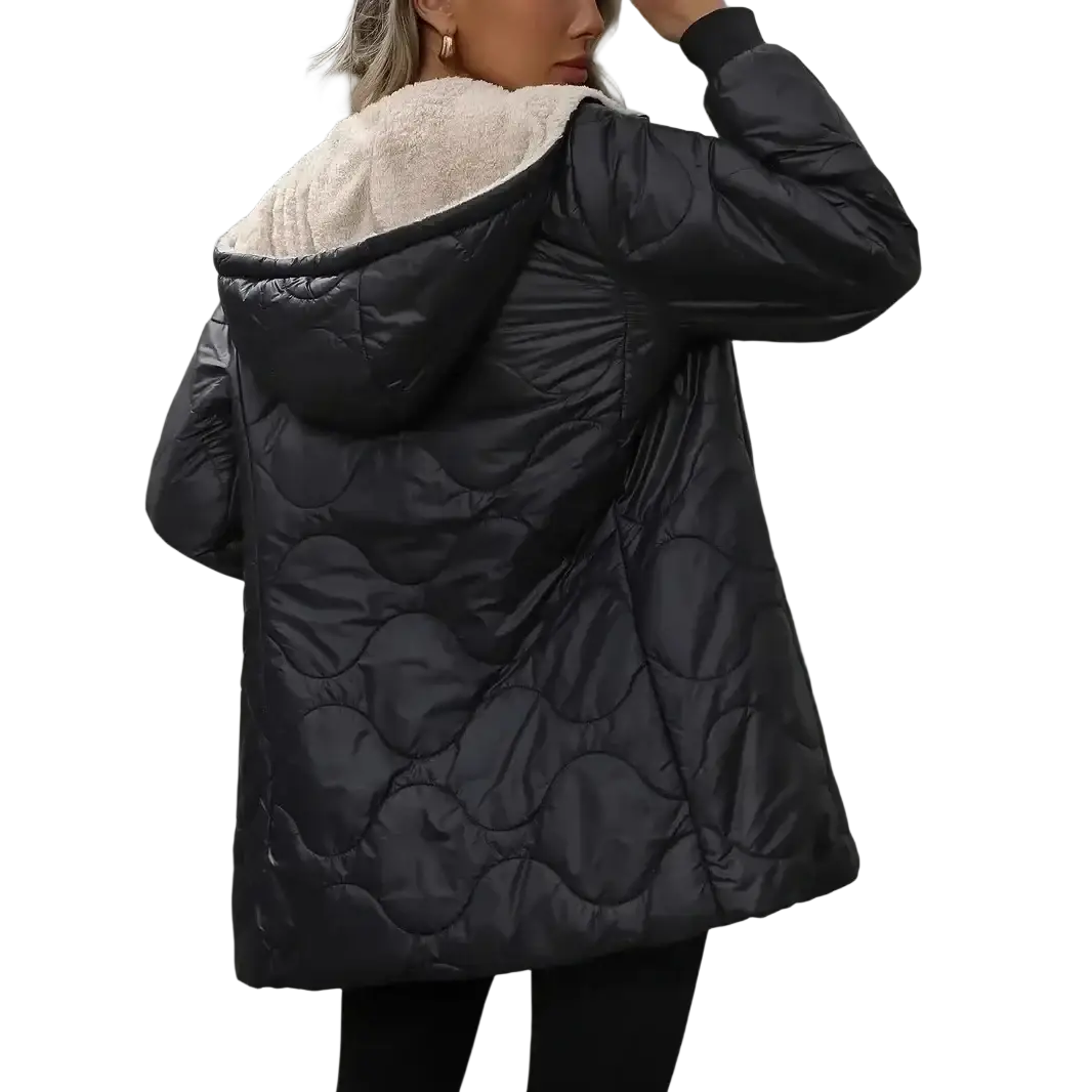 Women winter parka puffer coat in black with quilted design and plush cream shearling-lined hood for cold weather
