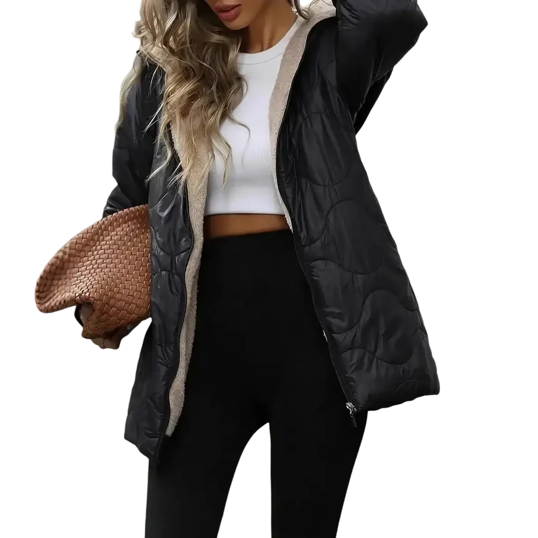 Women winter parka puffer coat hooded black with black quilted exterior and plush beige shearling lining