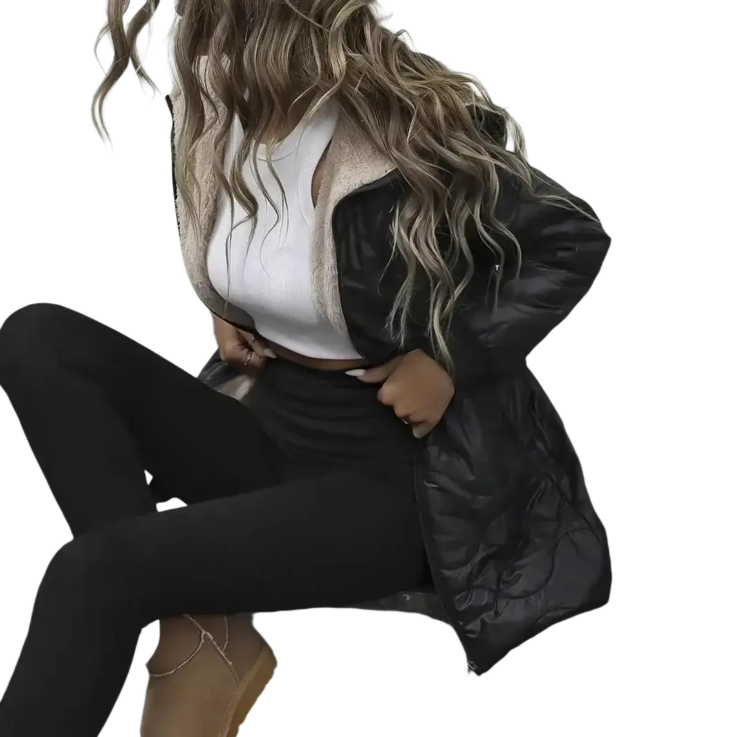 Women winter parka black quilted puffer coat with shearling-lined collar designed for cold weather protection