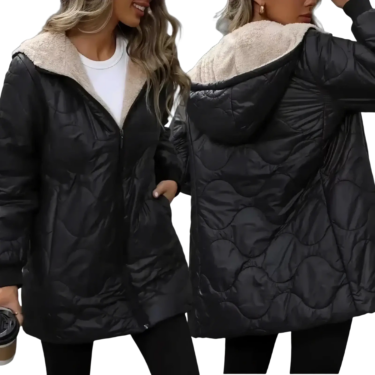 Women winter parka puffer coat black with black quilted exterior and plush beige shearling-lined hood