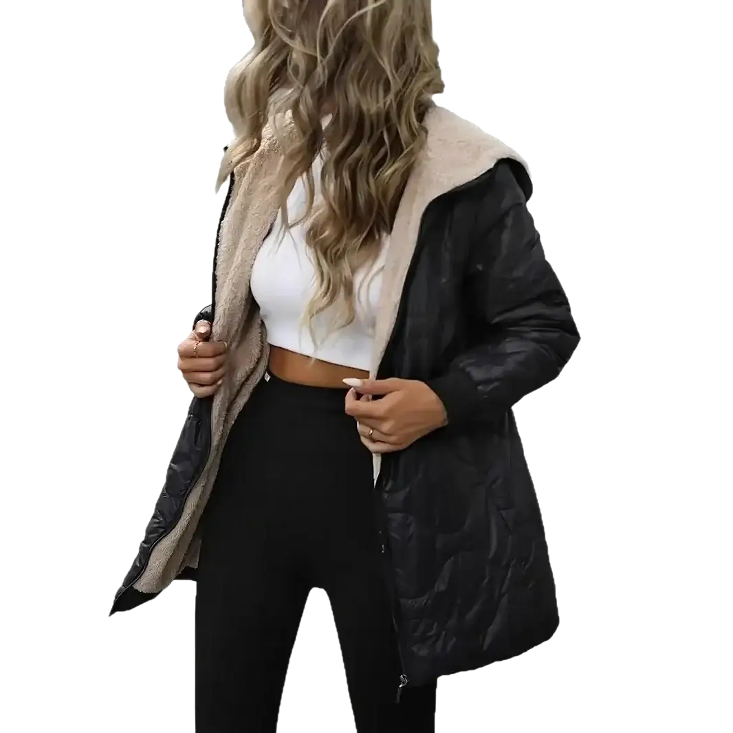 Women winter parka puffer coat hooded black with plush beige shearling-lined hood and quilted cuffs