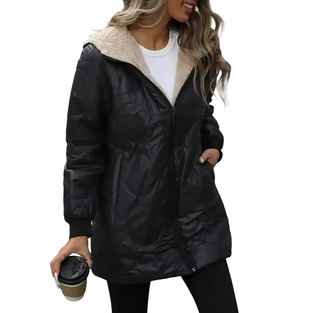 Women winter parka puffer coat in black with quilted design and plush beige shearling-lined hood for cold weather