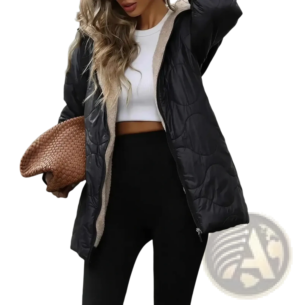 Women winter parka puffer coat hooded black with black quilted exterior and plush beige shearling lining