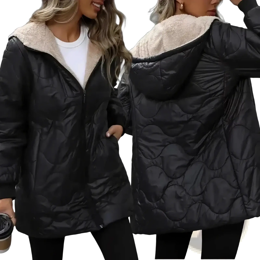 Women winter parka puffer coat black with black quilted exterior and plush beige shearling-lined hood