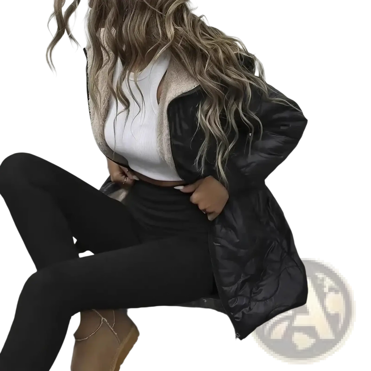 Women winter parka black quilted puffer coat with shearling-lined collar designed for cold weather protection