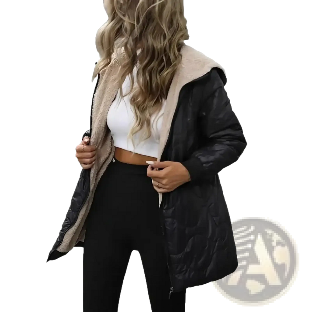 Women winter parka puffer coat hooded black with plush beige shearling-lined hood and quilted cuffs
