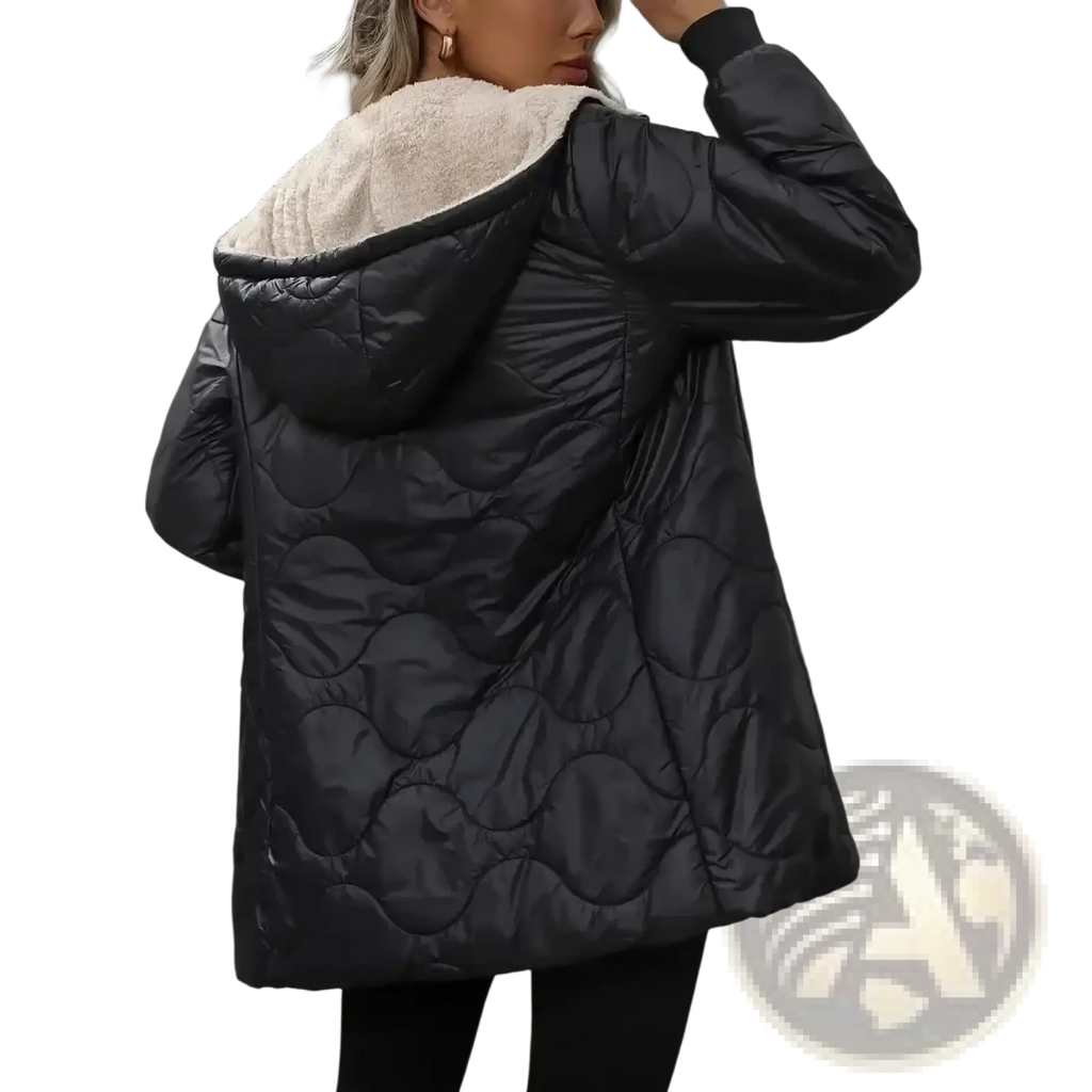 Women winter parka puffer coat in black with quilted design and plush cream shearling-lined hood for cold weather