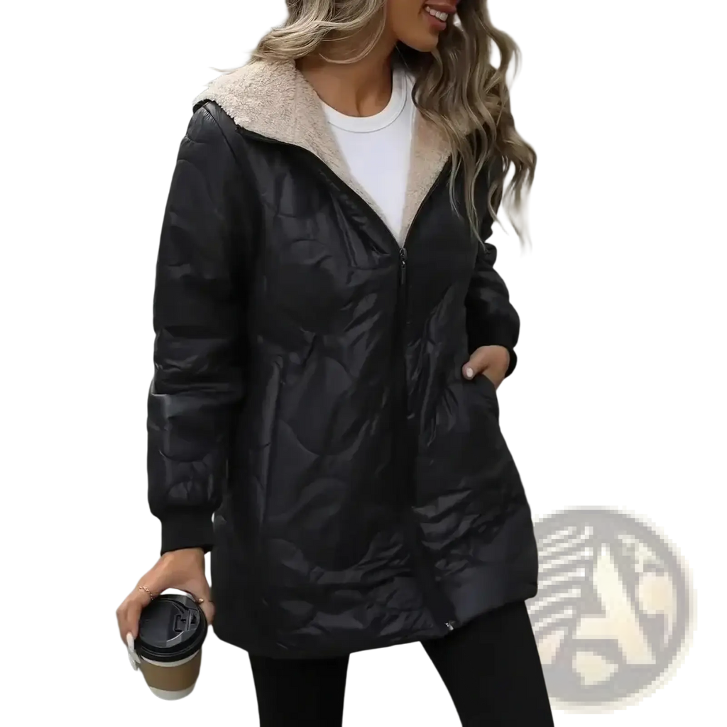 Women winter parka puffer coat in black with quilted design and plush beige shearling-lined hood for cold weather