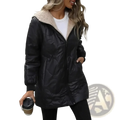 Women winter parka puffer coat in black with quilted design and plush beige shearling-lined hood for cold weather