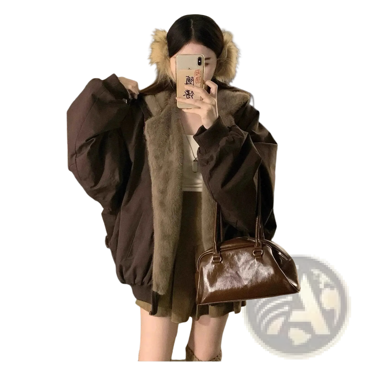 Brown patent leather handbag with structured shape and top handles shown with women winter parka thick warm hooded jacket