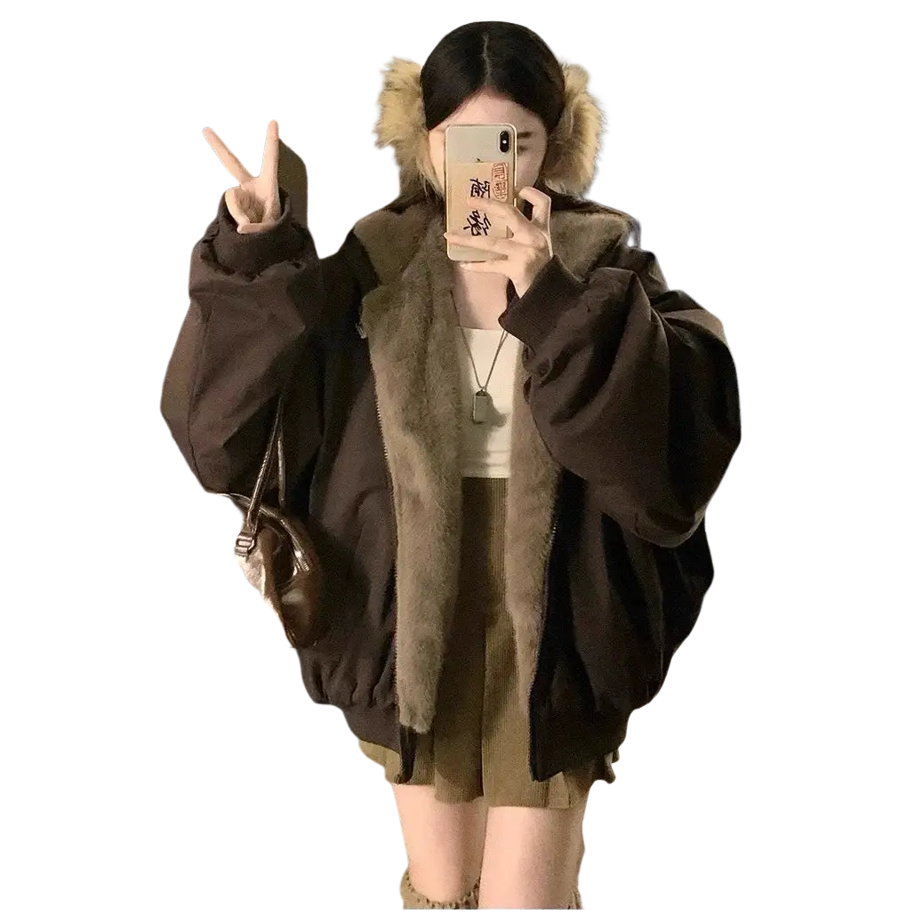 Brown women winter parka thick warm hooded jacket with plush fur-lined hood and ribbed cuffs made for cold weather