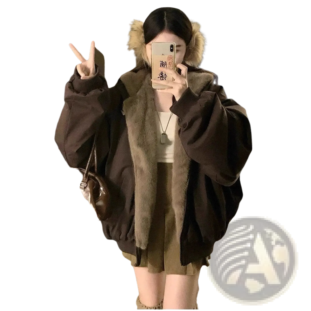 Brown women winter parka thick warm hooded jacket with plush fur-lined hood and ribbed cuffs made for cold weather