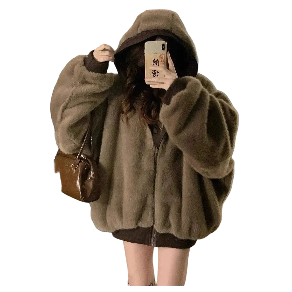 Women winter parka thick warm hooded jacket in cozy olive-green faux fur with plush texture and black cuff trim