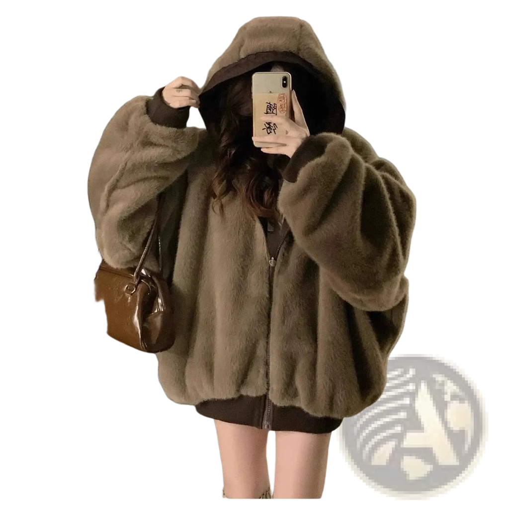 Women winter parka thick warm hooded jacket in cozy olive-green faux fur with plush texture and black cuff trim