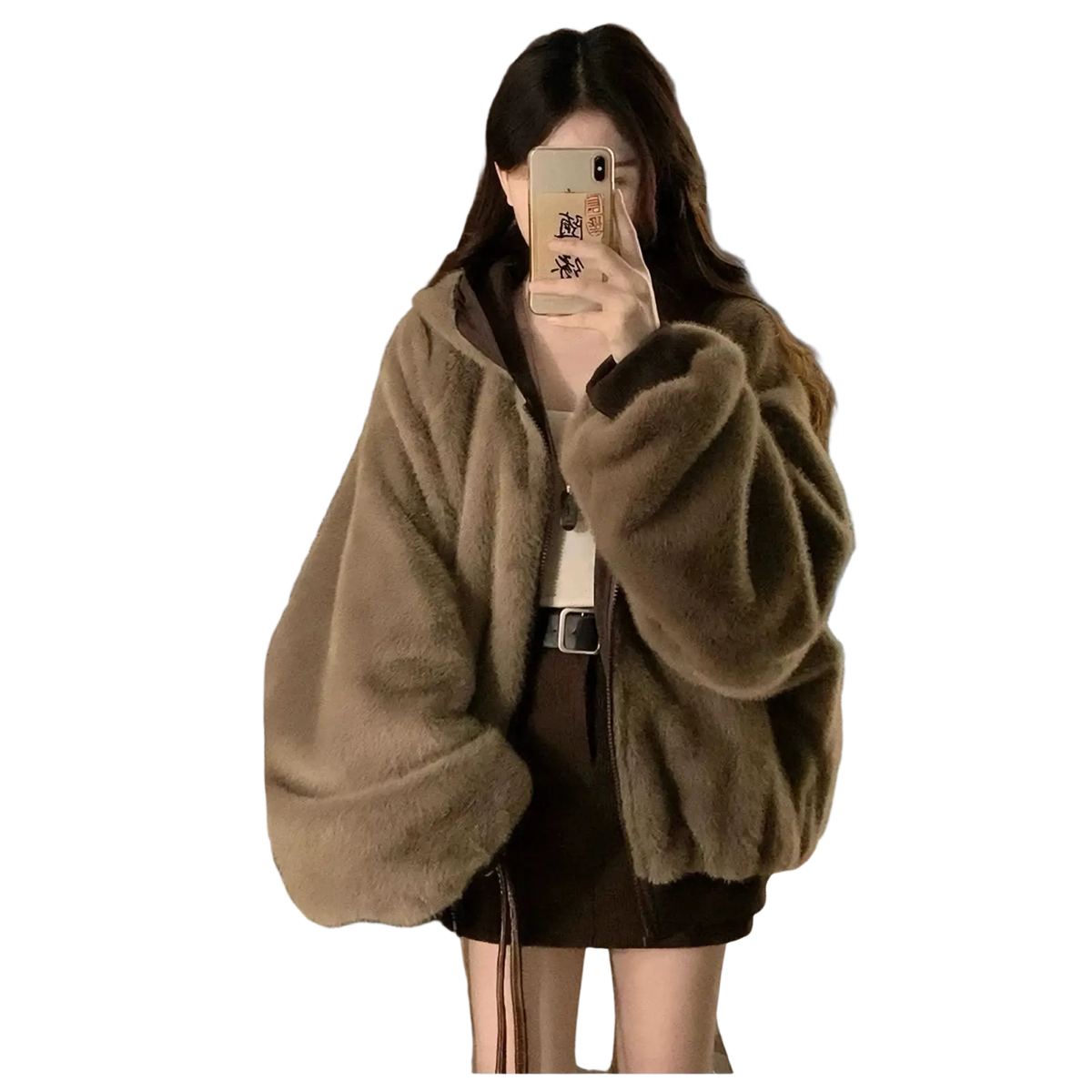 Women winter parka thick warm oversized beige faux fur bomber jacket with hood and ribbed cuffs for cold weather