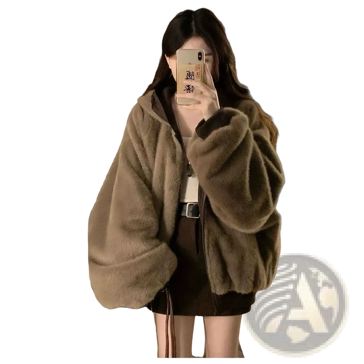 Women winter parka thick warm oversized beige faux fur bomber jacket with hood and ribbed cuffs for cold weather