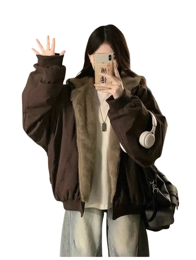 Dark brown bomber jacket with plush light beige faux fur collar and cuffs women winter parka thick warm hooded jacket