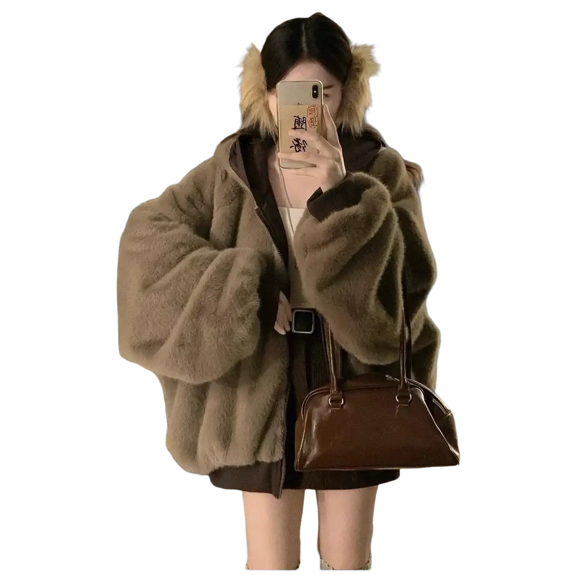 Women winter parka thick warm hooded jacket with plush olive brown faux fur and matching furry ear flaps