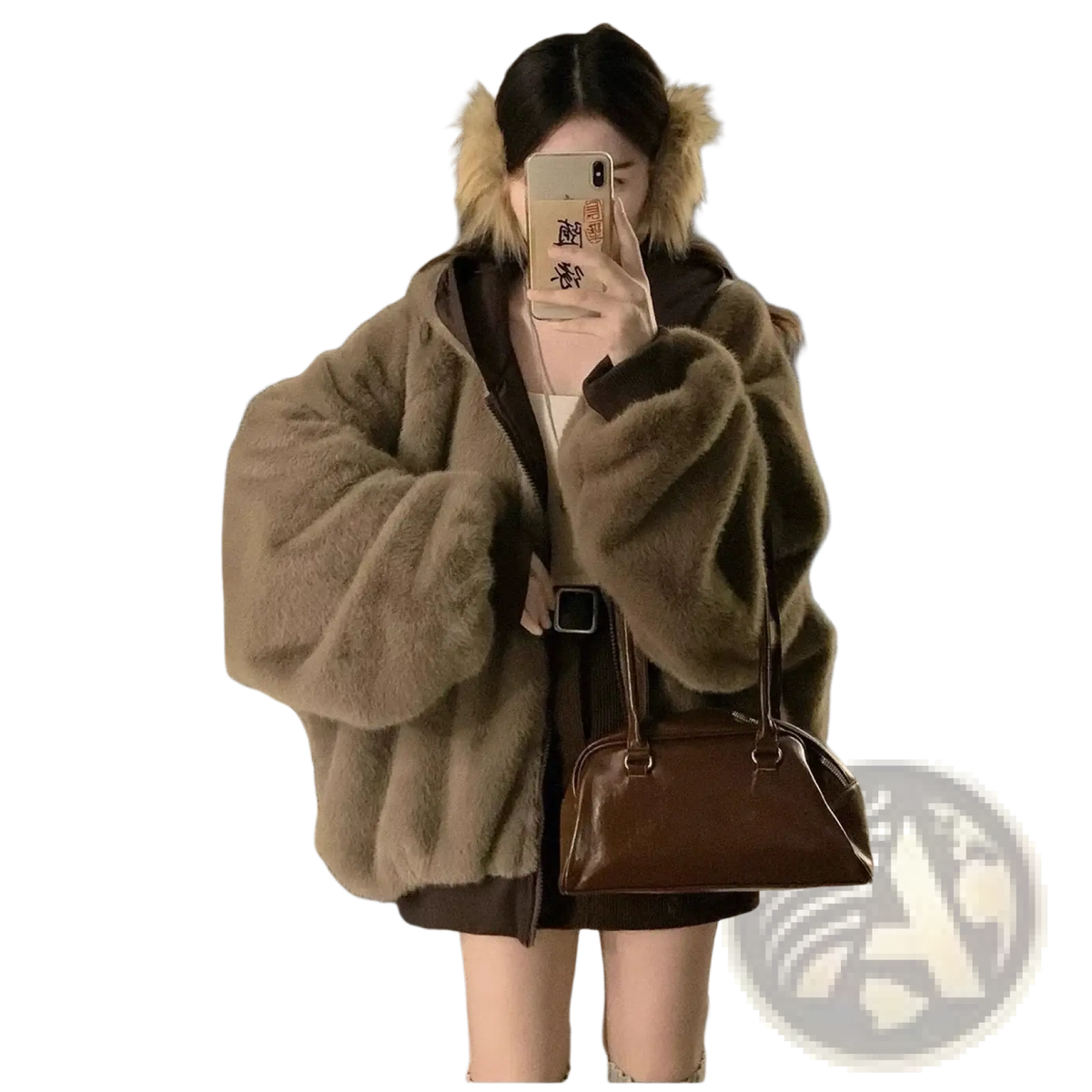 Women winter parka thick warm hooded jacket with plush olive brown faux fur and matching furry ear flaps