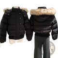 Women winter puffer coat in black with plush light brown faux fur lined hood and front button closure for cold weather