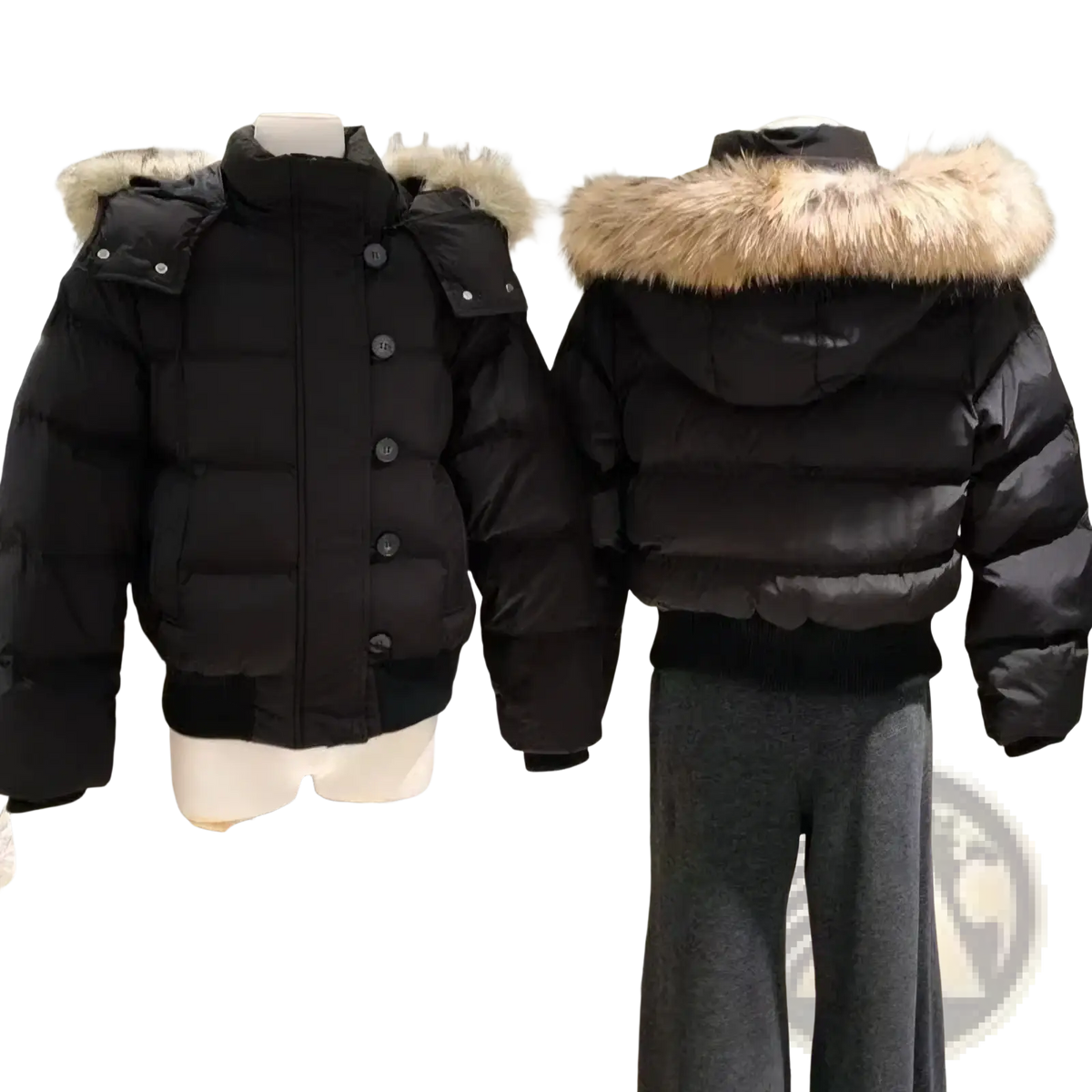 Women winter puffer coat in black with plush light brown faux fur lined hood and front button closure for cold weather