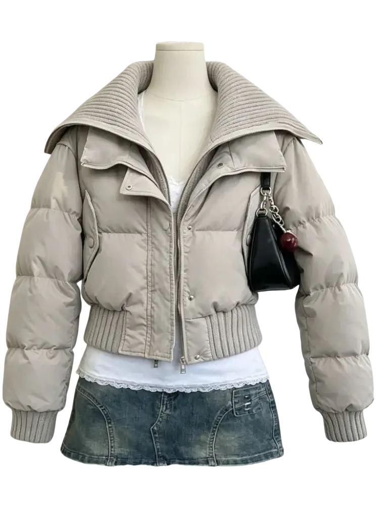 Beige women winter puffer coat with ribbed collar cuffs quilted design front zipper and faux fur hood