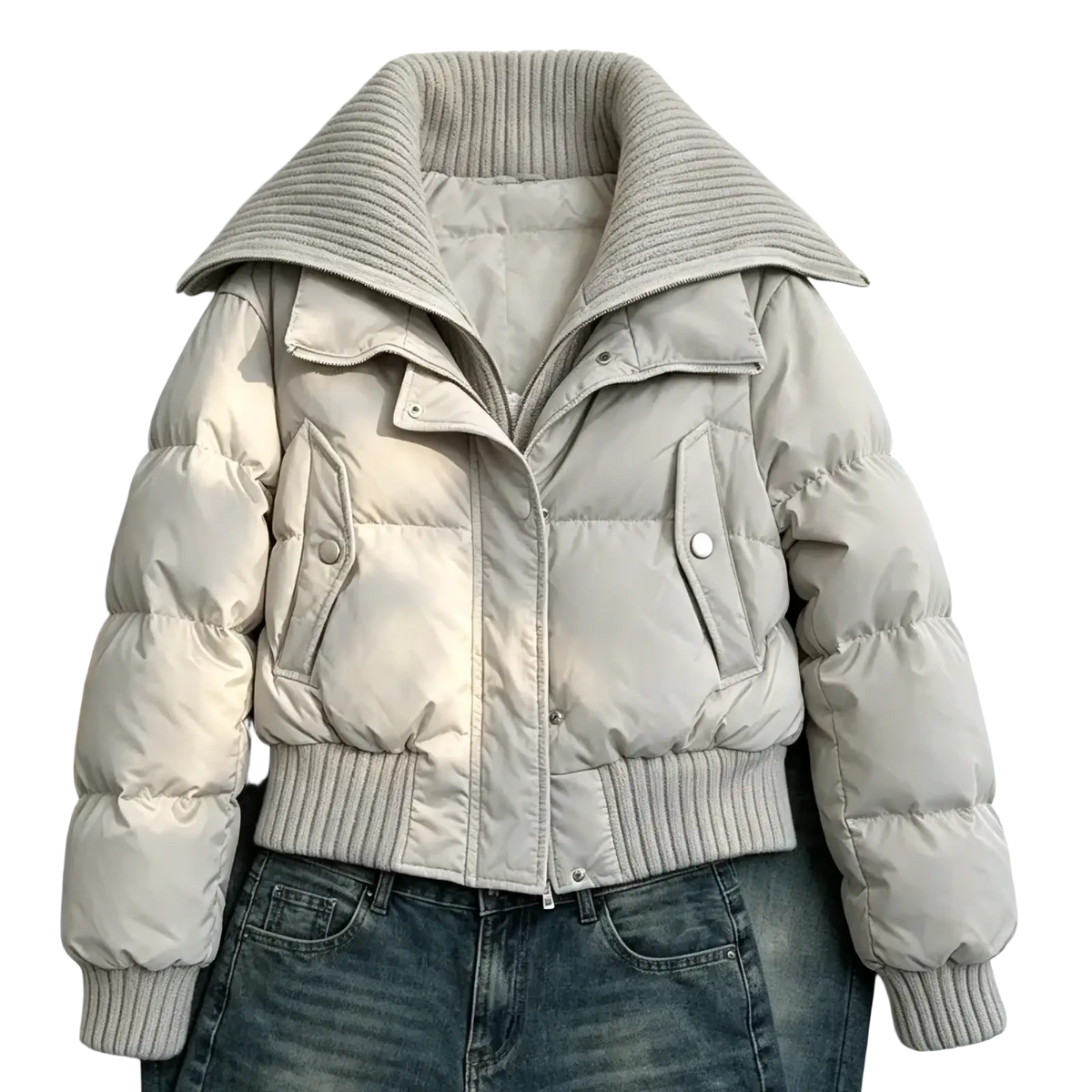 Beige women winter puffer coat with quilted design ribbed knit collar and cuffs and front button closure