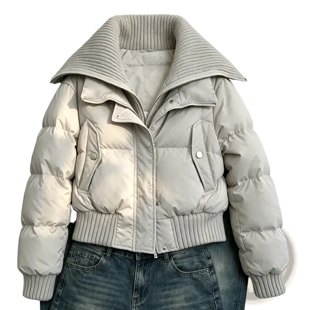 Beige women winter puffer coat with quilted design ribbed knit collar and cuffs and front button closure
