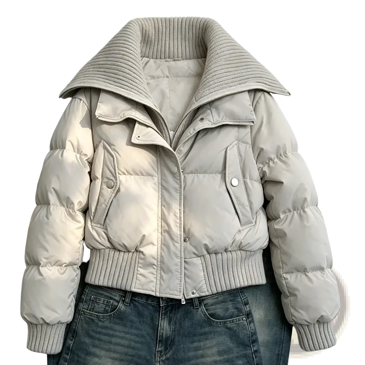 Beige women winter puffer coat with quilted design ribbed knit collar and cuffs and front button closure